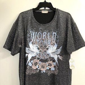 Women T-Shirts Glitter Short Sleeve Party Rhinestone long Shirt MADE IN USA
